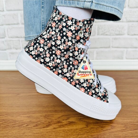 ⭐Converse Ctas Lift Platform Hi Sz 7.5 Women Shoes Flowers Sneaker Black A14264C - Picture 13 of 15